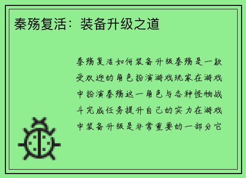 秦殇复活：装备升级之道