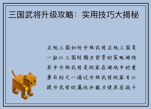 三国武将升级攻略：实用技巧大揭秘