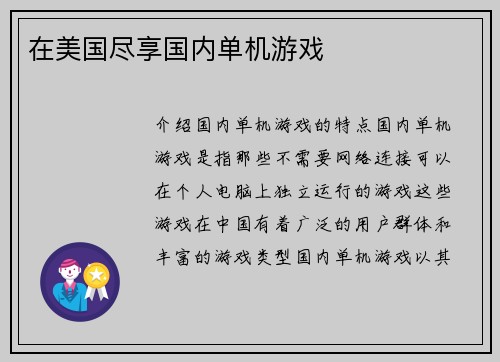 在美国尽享国内单机游戏